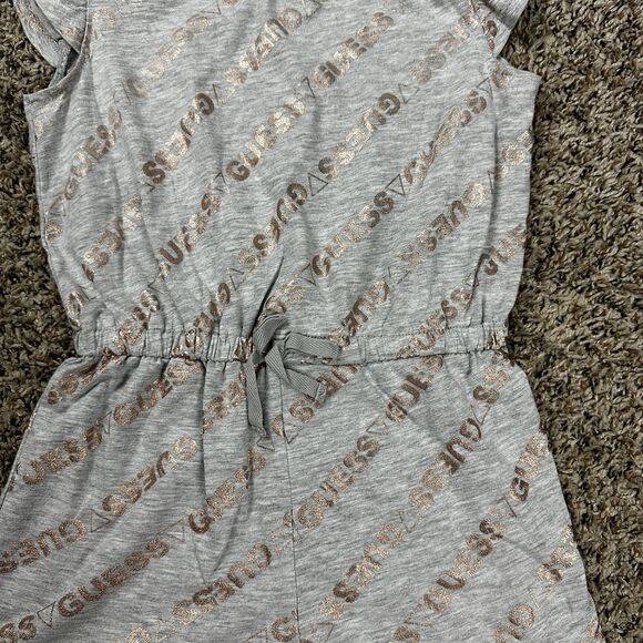 Guess Girls Size 6X Grey Romper Gold Print Sleeveless Ruffle Drawstring Waist - Picture 2 of 7